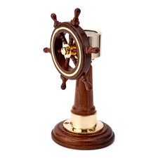 Maritime Schreibtisch Dekoration Steuerstand natur massiv Holz Messing 15cm hoch