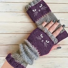 Gestrickte fingerlose Handschuhe WOLLALLERGIKER Marktfrauenhandschuhe  Katze