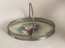Vintage Porzellan Tablett oval mit Henkel Metallmontur  Obstmotiv 