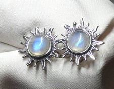 Mondstein Ohrstecker echt 925 Silber ca.  15 mm Durchmesser Sonne mit Blau *
