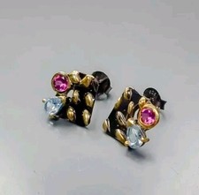 HANDARBEIT! 925Silber OHRRINGE Stecker Echte Edelst. Topas, Rhodolith 14K VERGOL