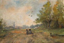 Kirchgang Frauen Dorfansicht Niederlande? unbekannt Öl Malpappe Mitte 19.Jh.