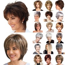 Damen Kurz Haare Perücke Mode Echthaar Gelockt Glatte Perücken Volle Haare M8D**