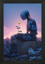 Roboter mit Blume im Ödland