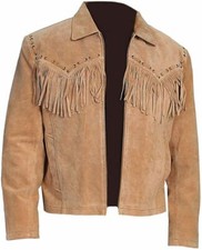 Herren Western Indianer Indianer Stil Wildleder Leder Fransen Cowboy Jacke