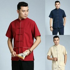 Herren Leinen Hemd mit Kurzen Ärmeln Kung Fu Tai Chi Mandarine Großvater Kragen