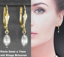Hell Graue Süßwasserperlen Ohrringe mit Klapp Brisuren Gold Double Walzgold  (23