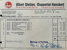Rechnung 1944 Sanitäre Anlagen Zentralheizungen Fa. Weiden * Wuppertal Ronsdorf