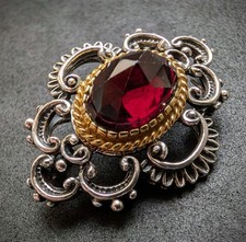 Vintage Brosche 835 Silber Granat rot Tracht Silberschmiedearbeit alt S