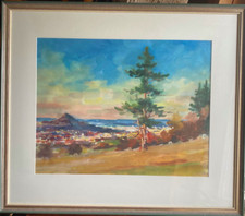 ::AQUARELL SIGN. R.EITING BLICK AUF RIESIGE ORTSCHAFT  TALSTADT BERG BÄUME HERBS