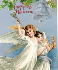 Weihnachtskarte Cherubim Harfe Horn Glocken Schnee geprägt antik Xmas #10