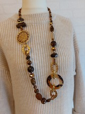 Opulente Kette Lagenlook Amulett Lebensbaum Kristallperlen braun gold farbig Neu