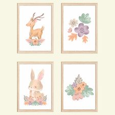 Waldtiere Reh Hase Blumen 4er