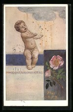 Künstler-AK Heckenrosentag, Geldregen, Kind in Aktpose breitet Hände aus, Rosen 