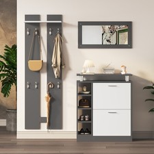 Garderoben Set Flurgarderobe Wandpaneele Spiegel Schuhkipper Schuhschrank Grau