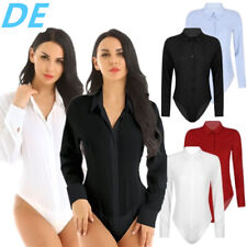 DE Damen Langarm Hemd Body Einteiler Bodybluse mit Kragen V-Ausschnitt Bluse 