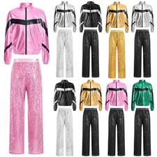 DE Kinder Hip Hop Kleidung Set Glänzend Jacke und Pailletten Hose Mädchen Outfit