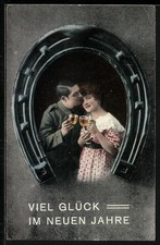 Liebespaar gerahmt von einem Hufeisen, Neujahrsgruss, Ansichtskarte 1916 
