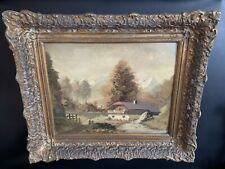 Antikes Ölgemälde Impressionismus Landschaft Bergpanorama Haus See Natur