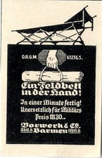 Ein Feldbett in der Hand... Vorwerk & Co. Barmen Kriegs-Annonce von 1916