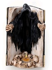 Teelichthalter  Buch der Schädel mit Sensenmann  - Gothic Deko Skelett Halloween