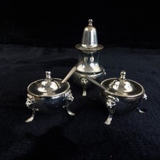 England versilbertes Gewürzset 4,5" Löwe Maske Beine Salz Pfeffer Senf