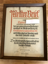 Meister-Brief, eingerahmt, 1951, Halle, Sachsen-Anhalt, Kraftfahrzeuggewerbe