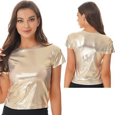 Damen Kurzarm Shirt Metallic Oberteil Glitzer T-Shirt Lässig Top Faschingskostüm