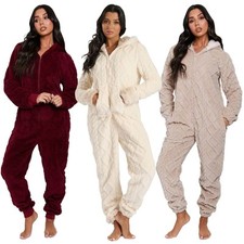 Damen Overall Einteiler Fleece Jumpsuit Freizeitanzug Hausanzug Cable Cutwork