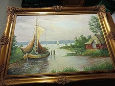 Ölgemälde Segelschiff + Landschaft von W. Blanke