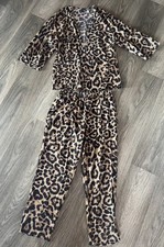 Zweiteiler Set Blazer 3/4 Jacke Hose High Waist Gummizug L Leo Animal Leopard