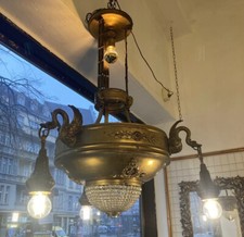 Antiker Kronleuchter Kristall Lampe Schwäne Empire um 1900 Messing Gold