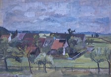 Gouache Blick auf ein Dorfrand