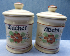 23738. Dose  Vorratsbehälter   Keramik   Mehl  Zucker beige mit Blume  2 Stück