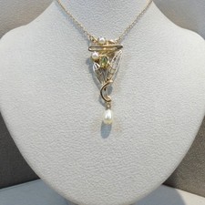 Jugendstil Peridot Schmuck Collier Halskette Perle Silber 925/- gelb vergoldet