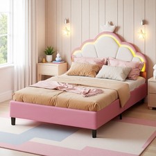 LED Polsterbett 90 x 200cm Kinderbett Mädchen Bettgestell mit Lattenrost, Rosa