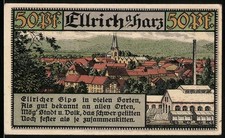 Notgeld Ellrich am Harz 1921, 50 Pf, Stadtansicht mit Kirche und Fabrik, Rückse 