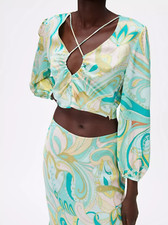 NEU MIT ETIKETT ZARA MEERGRÜN 70er PRINTED RETRO HOLLY CROP TOP BLUSE L UK 12 14 BLOGGER