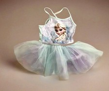 Mädchen, Ballett Trikot mit Rock blau  Frozen Motiv u. Spaghettiträger 122/128