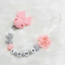 mini Maus silikon Schnullerkette mit Name für Mädchen - Rosa mit Schleife