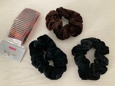 3 Haar Scrunchies Haargummi Haarband Zopfgummi Samt + 1 Haarkamm - braun schwarz