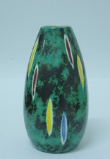 grüne Keramik Vase 50er Jahre handbemalt Farb Tropfen vintage