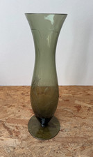 Vintage Rauchglas Vase 39 cm handgeschliffen Glasvase florales Dekor grau-oliv