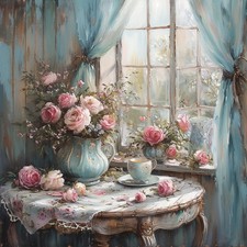 Wandbild tisch geschirr rosen - tisch,