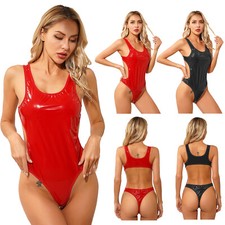 DE* Damen Lackleder Bademode Tank Bodysuit Wet Look Badeanzug Open Back Catsuit