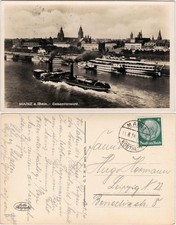 Ansichtskarte Mainz Totale mit Schiff und Schaufelraddampfer 1934