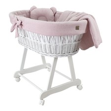 Stubenwagen Moseskorb AMELIA Weiß aus Weide mit Musselin Bettwäsche Liliowy Gold