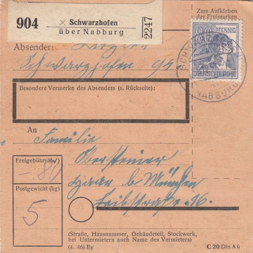 Paketkarte 1947 schwarzhofen - 1947:,