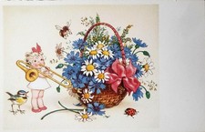 Fritz Baumgarten - Kind mit Posaune neben Blumenkorb Biene Meise DDR  - c1950