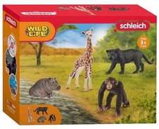 SCHLEICH WILD LIFE 4er PACK Giraffe, Panther, Schimpanse, Nilpferd Neu